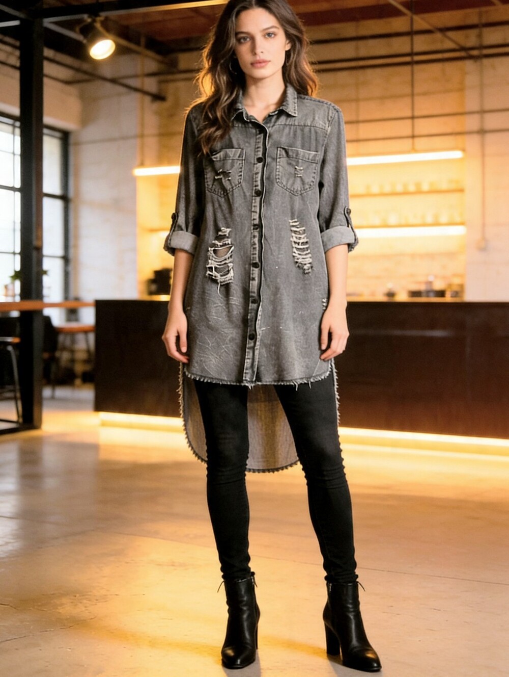 THRILL JEANS Women’s Shirt Hi Low Distressed Button Cotton Down Gray LARGE